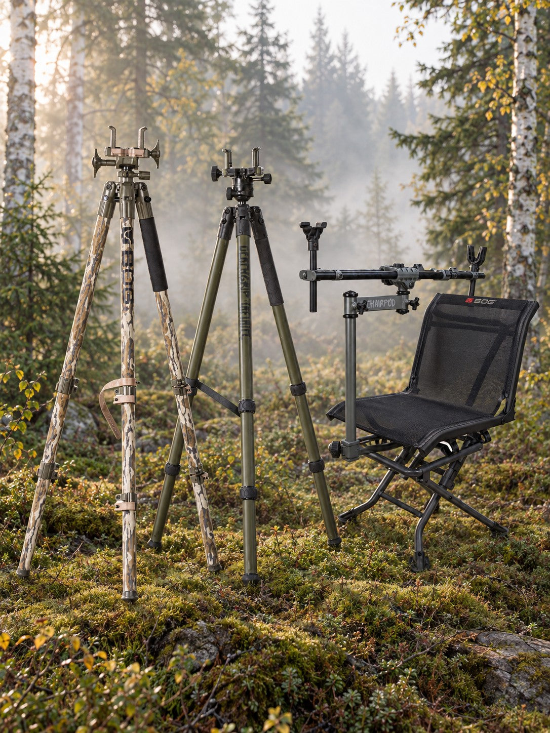 BOG DeathGrip-tripod i Mossy Oak Bottomland, DeathGrip Infinite-tripod i aluminium och ChairPod-jaktstol i en nordisk granskog en dimmig höstmorgon