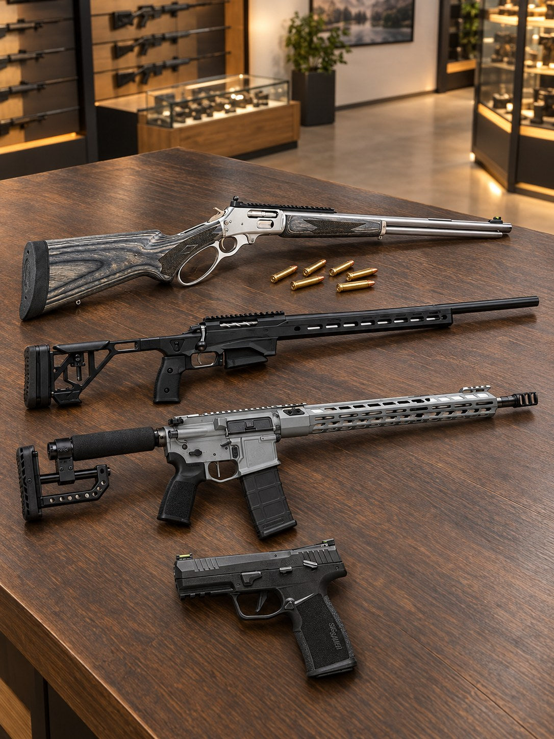 Sig Sauer P322, Marlin 1895 SBL, Tikka T3x ACE Target och Sig Sauer M400 DH3 på ett mörkt träbord i ett ljust showroom.