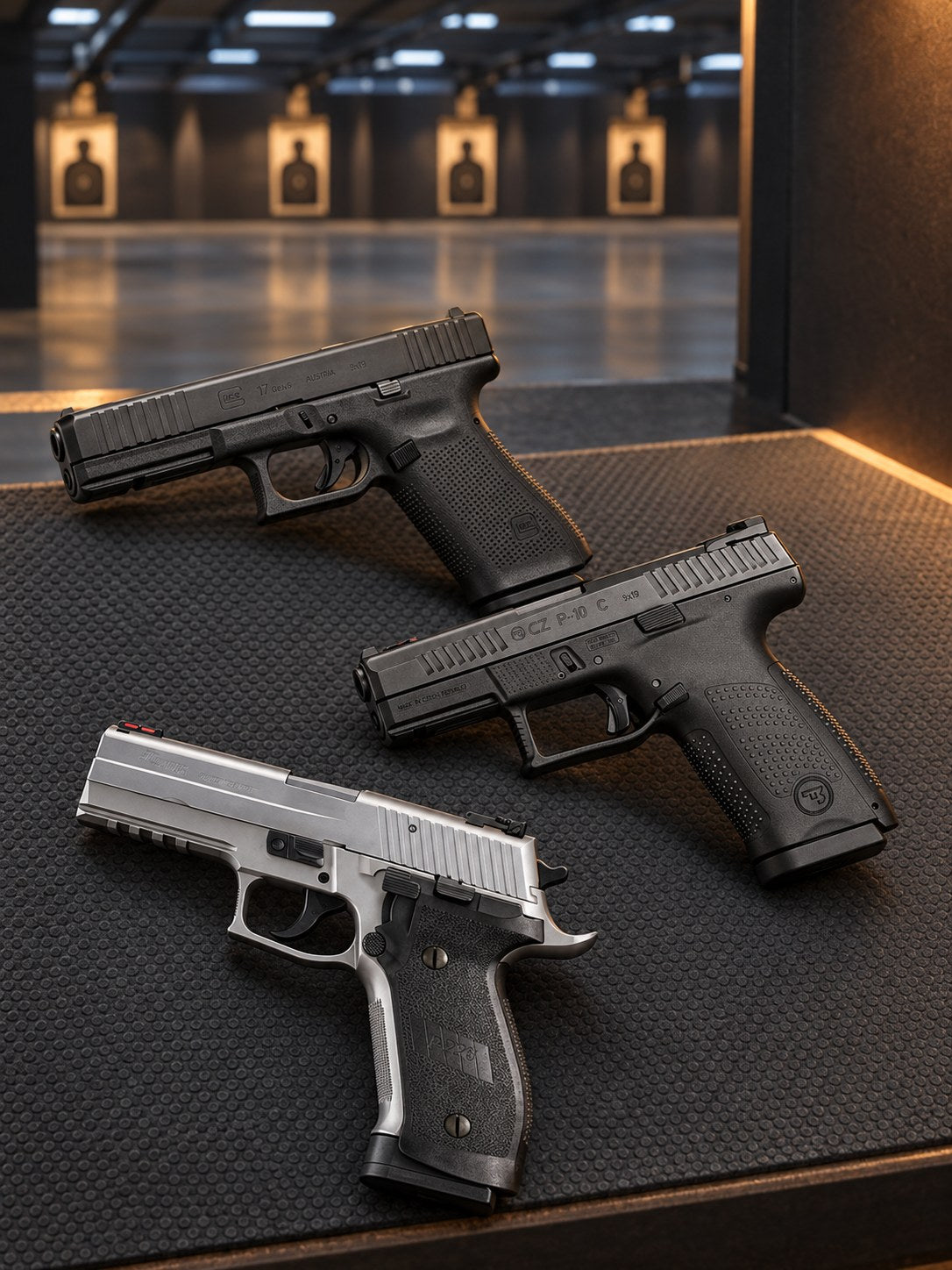 Glock 17 Gen5, CZ P-10 C och Sig Sauer P226 LDC II på en skjutbänk med skjutbanan i bakgrunden.