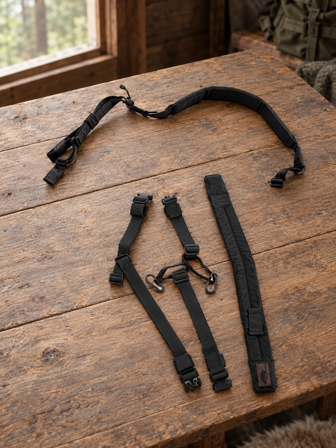5.11 VTAC tvåpunktsrem och Snigel Weapon Sling System på ett träbord