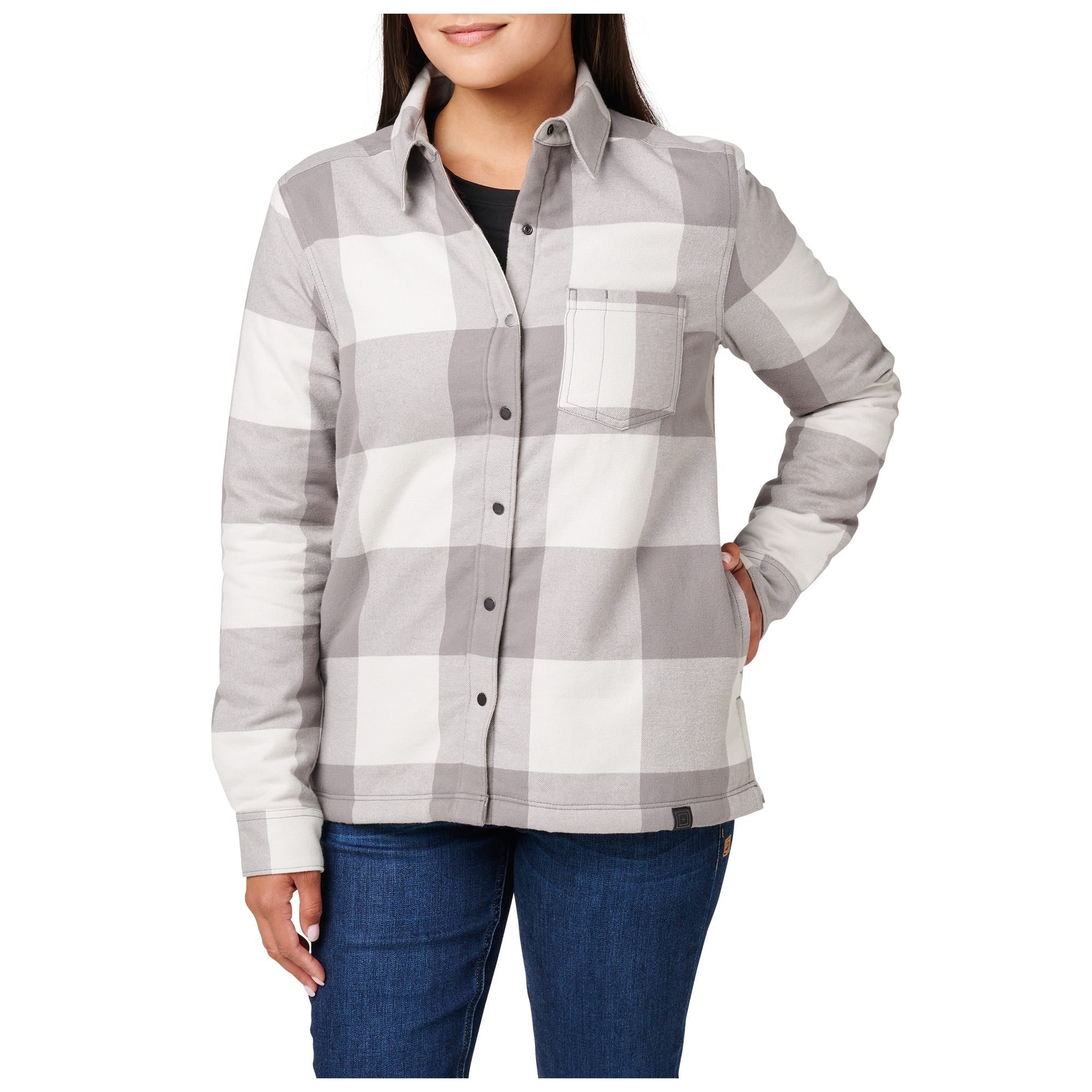 5.11 Louise Shirt Jacket för dam i Overcast Grey Check, med Sherpa-foder och tryckknappar.