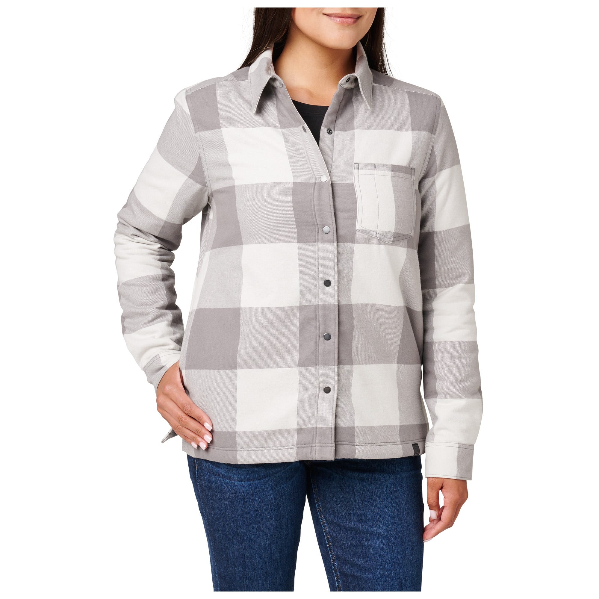 5.11 Louise Shirt Jacket för dam i Overcast Grey Check, med Sherpa-foder och tryckknappar.