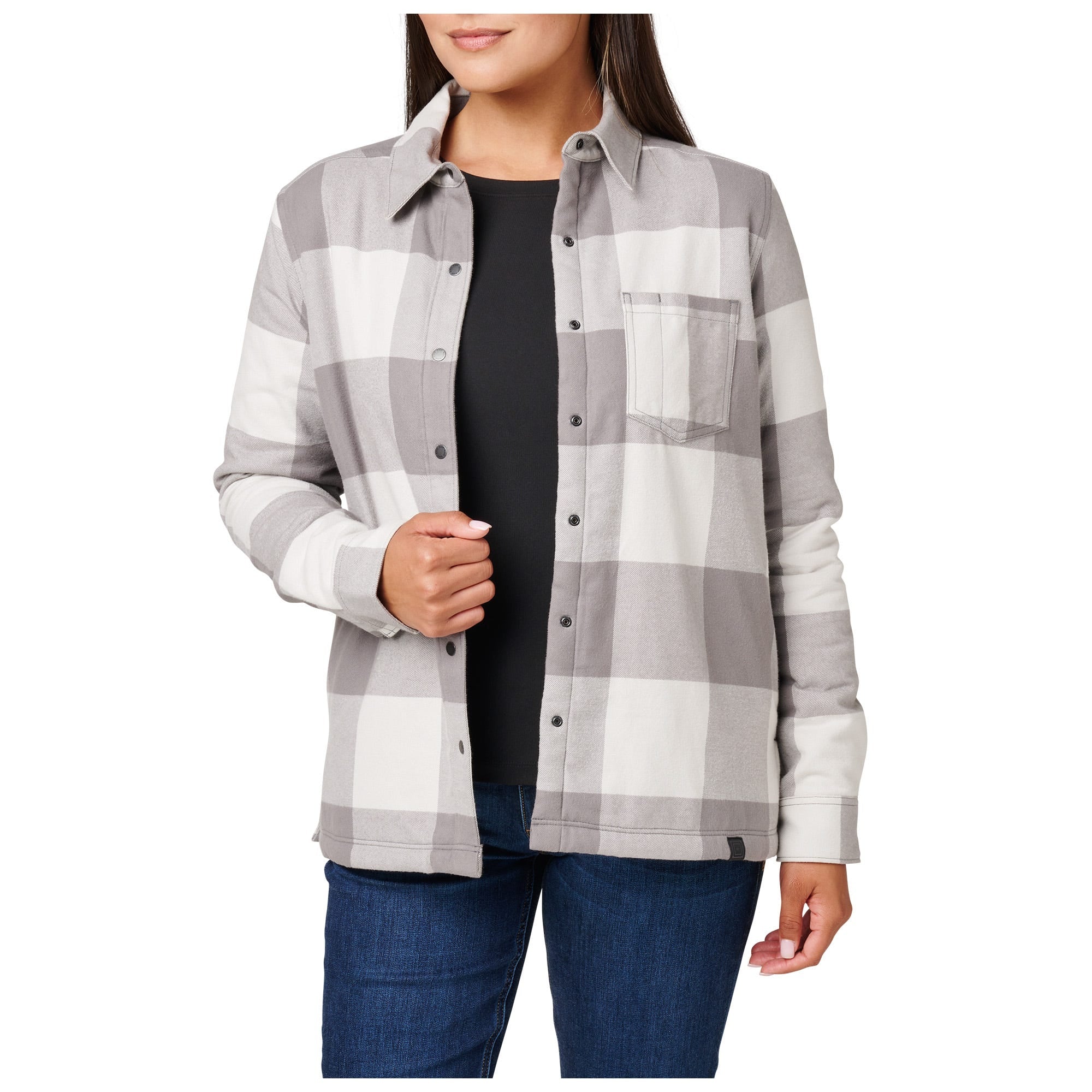5.11 Louise Shirt Jacket för dam i Overcast Grey Check, med Sherpa-foder och tryckknappar.