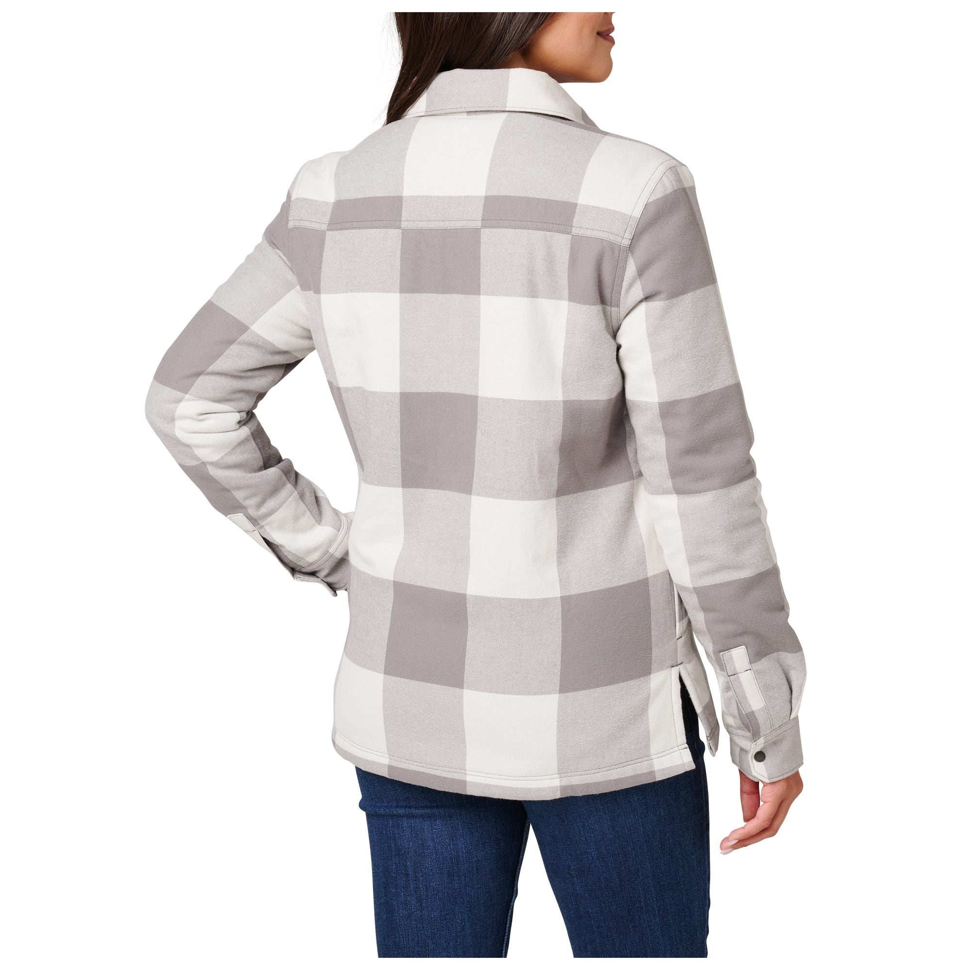 5.11 Louise Shirt Jacket för dam i Overcast Grey Check, med Sherpa-foder och tryckknappar.