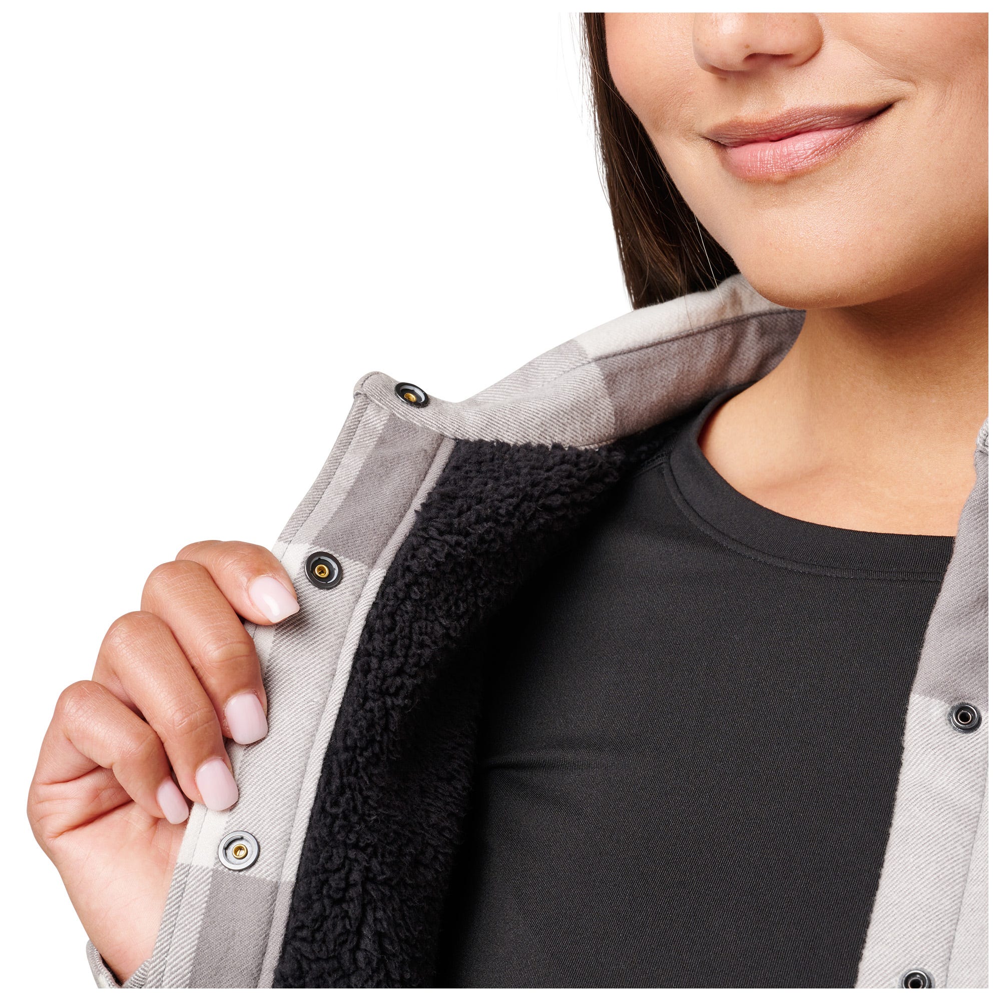 5.11 Louise Shirt Jacket för dam i Overcast Grey Check, med Sherpa-foder och tryckknappar.