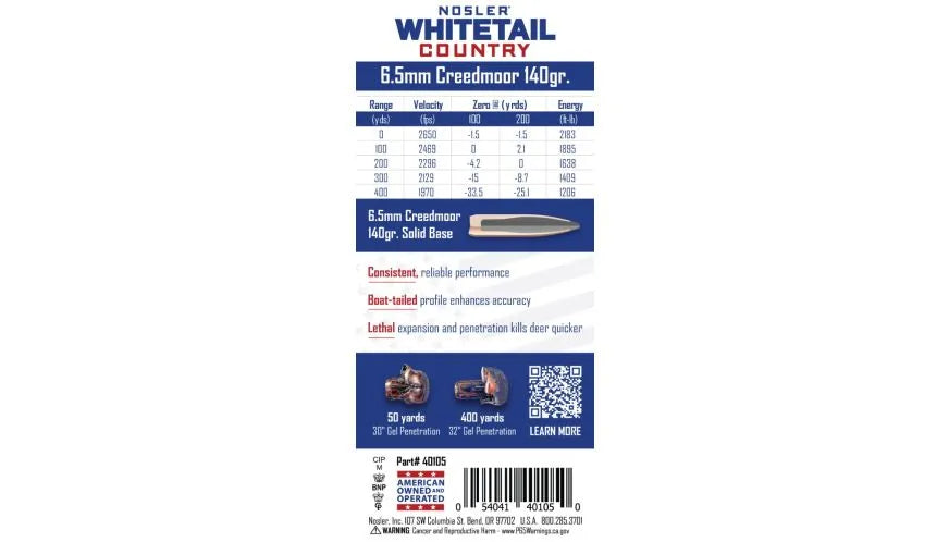 Nosler - Whitetail Country Ammunition - 6.5mm Creedmoor - 140gr - SB SP - 20/ask