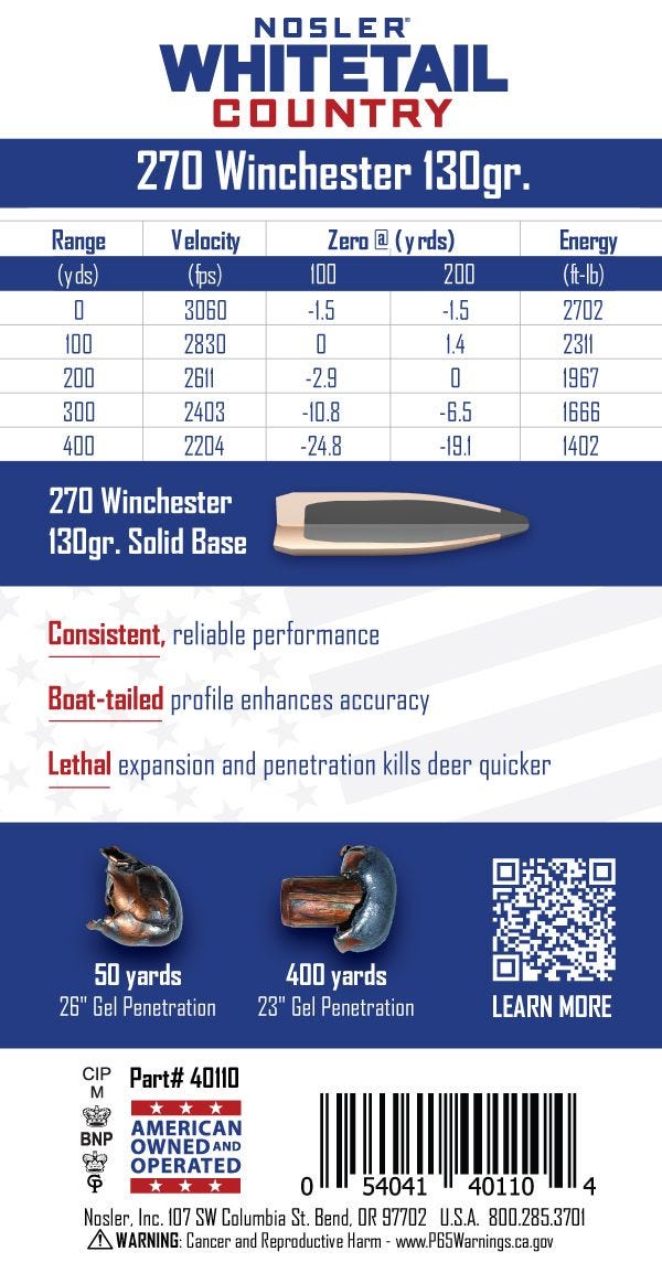 Nosler - Whitetail Country Ammunition - .270 Winchester - 130gr - SB SP - 20/ask