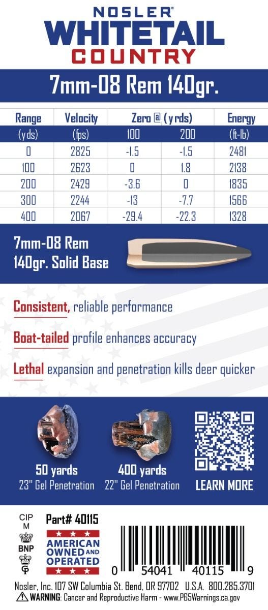 Nosler - Whitetail Country Ammunition - 7mm-08 Remington - 140gr - SB SP - 20/ask