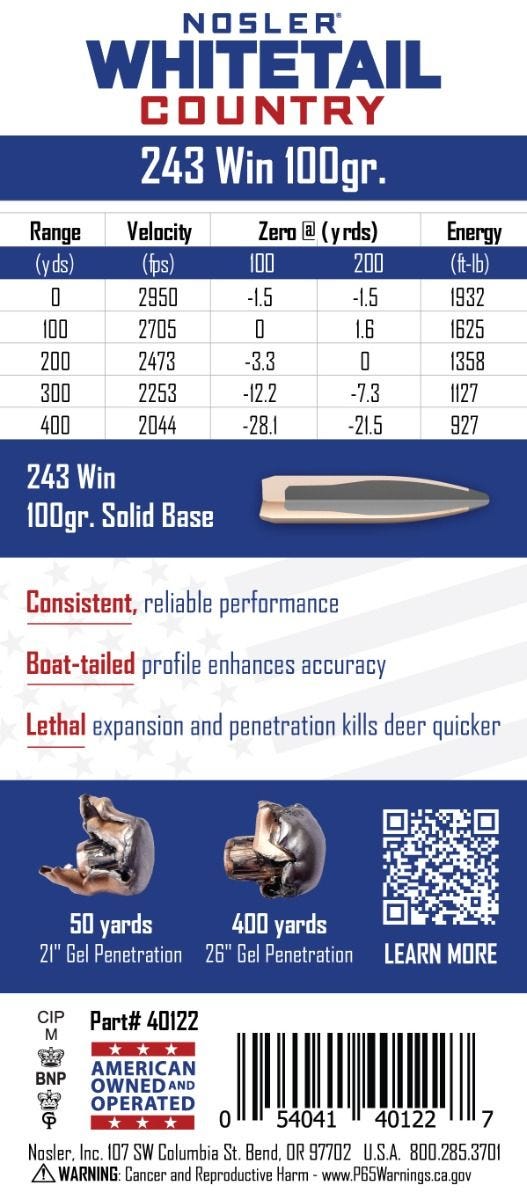 Nosler - Whitetail Country Ammunition - .243 Winchester - 100gr - SB - 20/ask