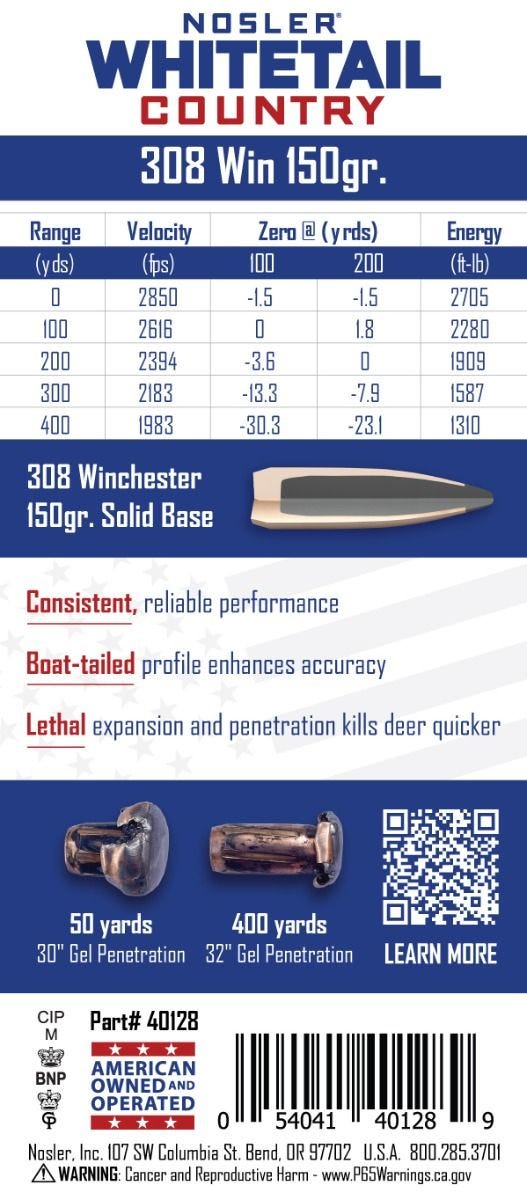Nosler - Whitetail Country Ammunition - .308 Winchester - 150gr - SB SP - 20/ask