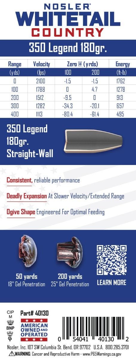 Nosler - Whitetail Country Ammunition - .350 Legend - 180gr - SW - 20/ask