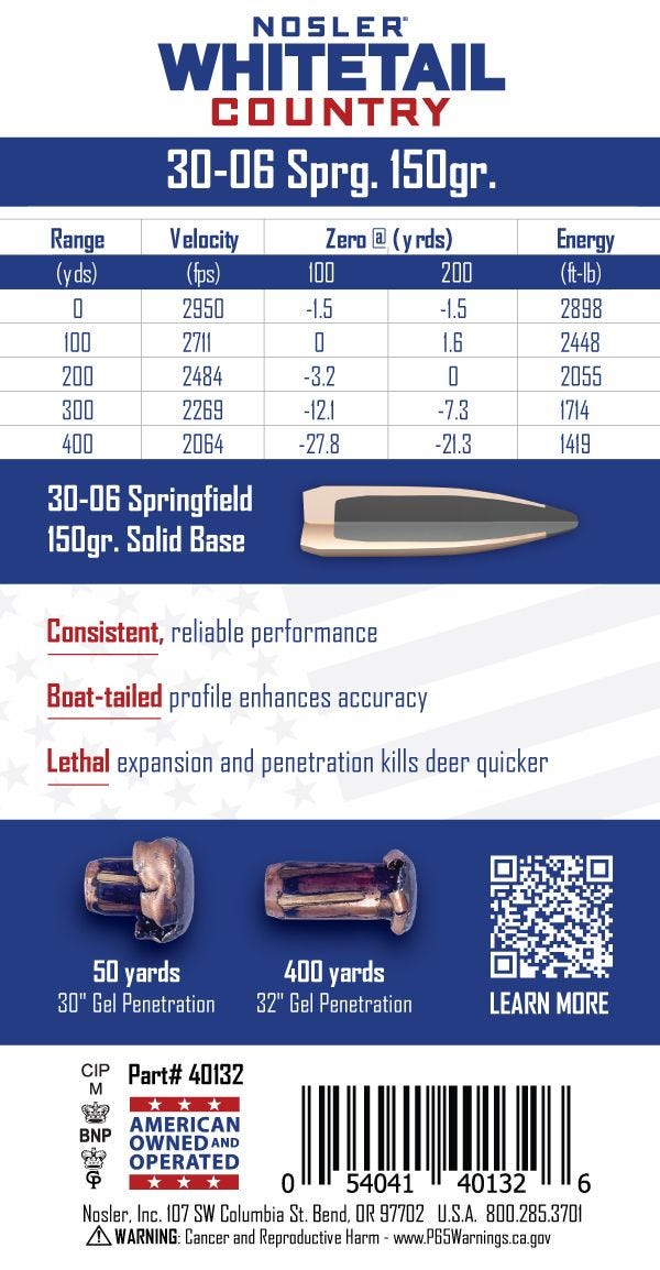 Nosler - Whitetail Country Ammunition - .30-06 Springfield - 150gr - SB SP - 20/ask