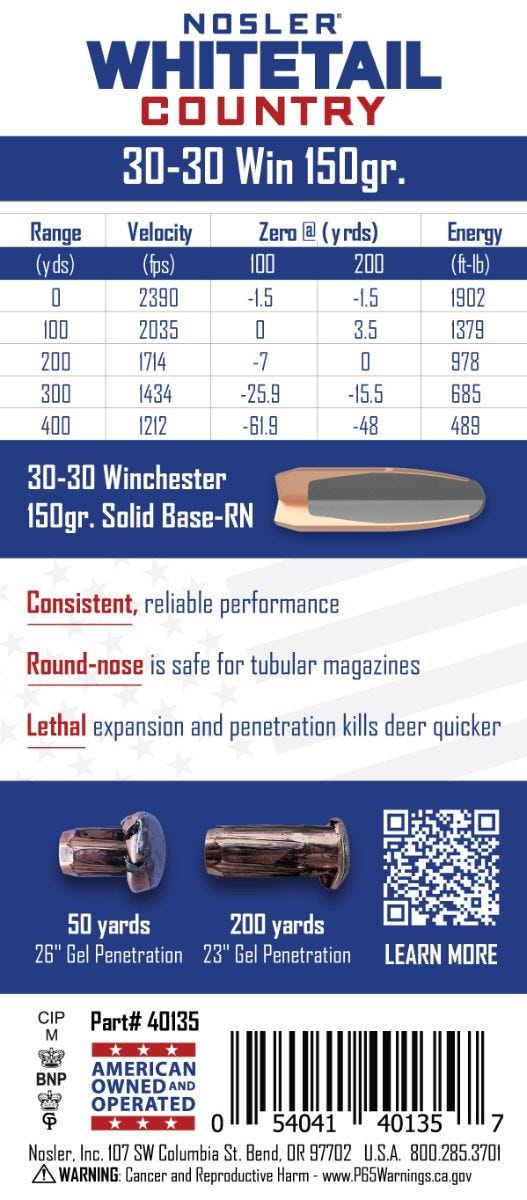 Nosler - Whitetail Country Ammunition - .30-30 Winchester - 150gr - SB RN - 20/ask
