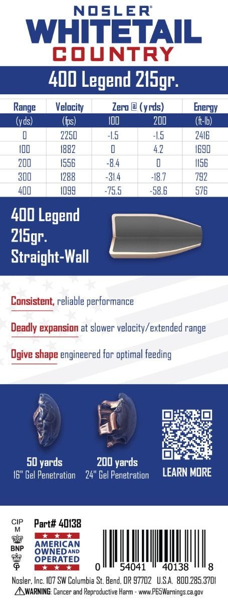 Nosler - Whitetail Country Ammunition - 400 Legend - 215gr - SW - 20/ask