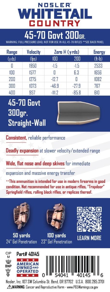 Nosler - Whitetail Country Ammunition - .45-70 Government - 300gr - SW - 20/ask