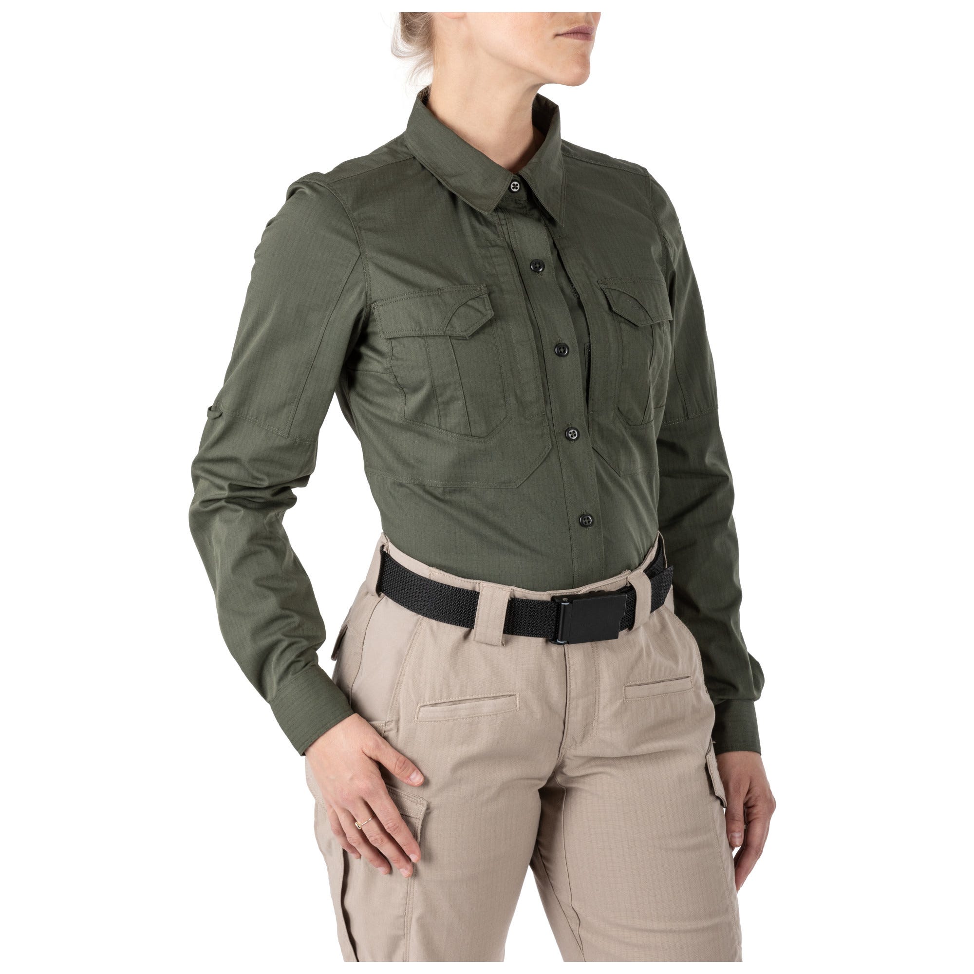 5.11 Women's Stryke långärmad skjorta i TDU Green med bröstfickor och ärmpennficka.