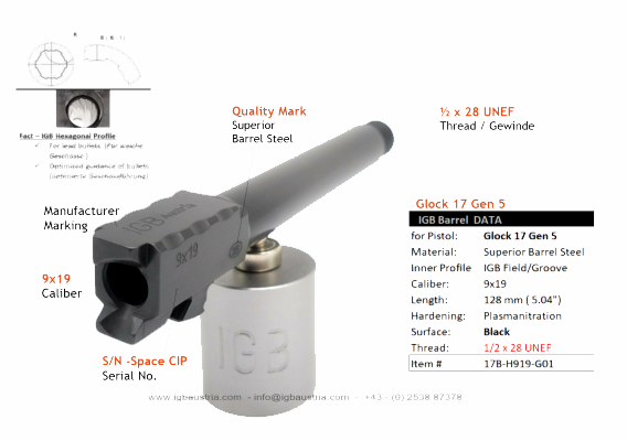 IGB - Glock 17 Gen5 IGB Threaded Barrel 1/2x28 UNEF
