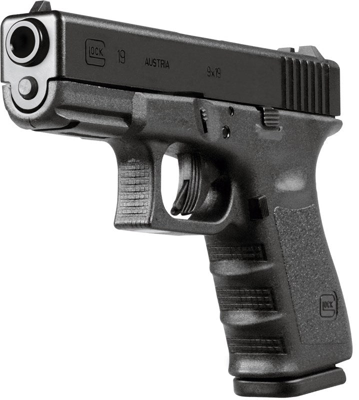 Glock 19 Gen4 – kompakt 9mm pistol med svart mantel och polymerstomme