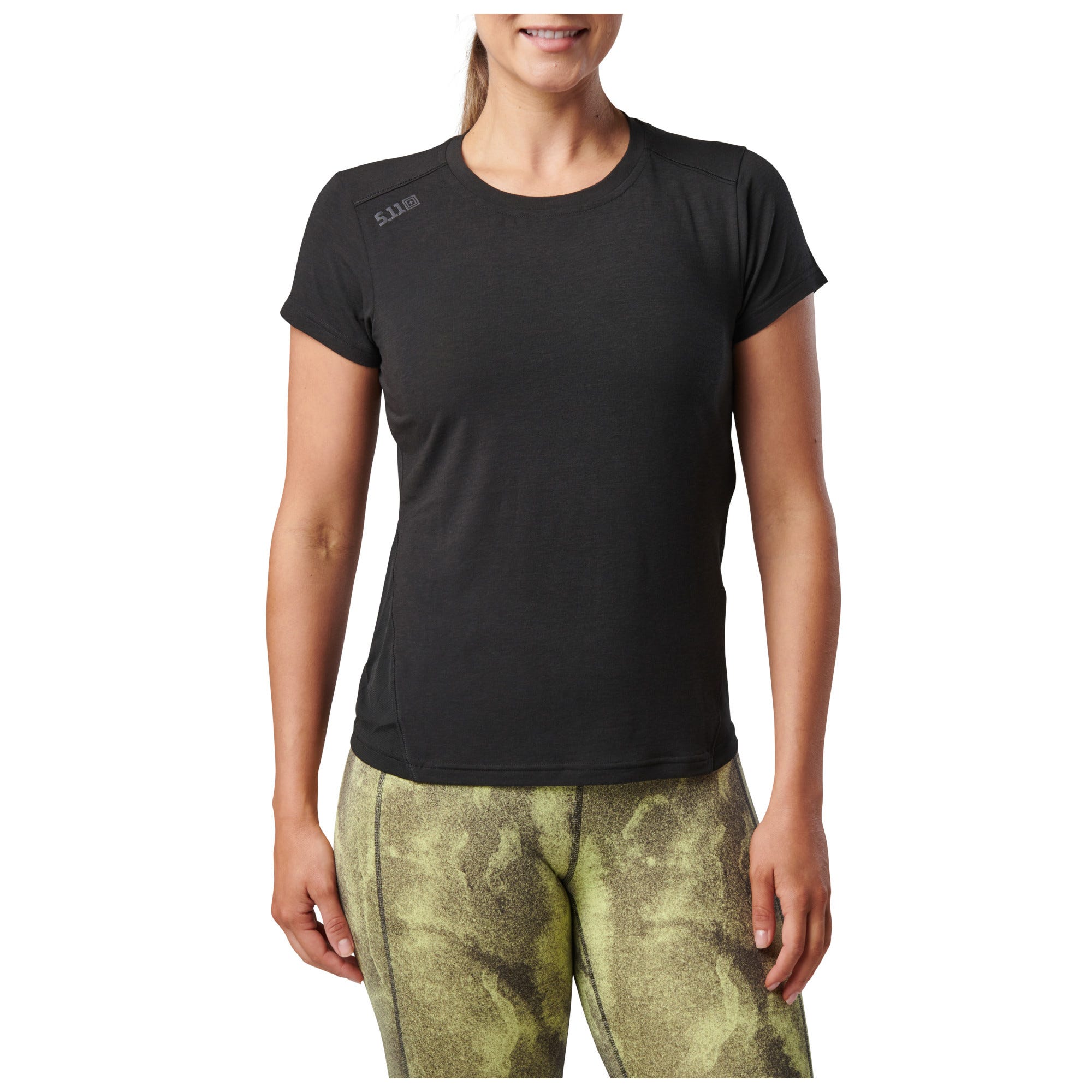 5.11 PT-R Women's Interval Short Sleeve Tee i Black, kortärmad träningströja för dam med meshpanel och reflexdetaljer