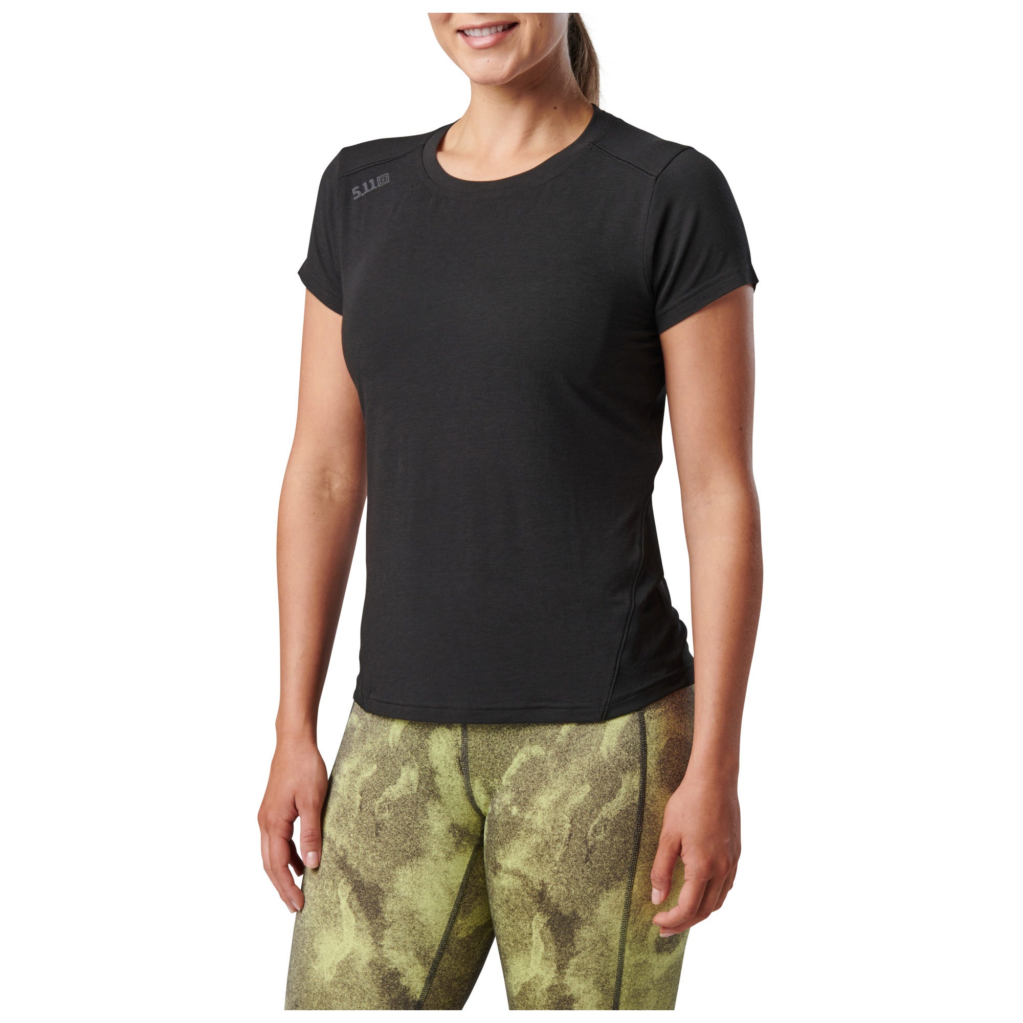5.11 PT-R Women's Interval Short Sleeve Tee i Black, kortärmad träningströja för dam med meshpanel och reflexdetaljer