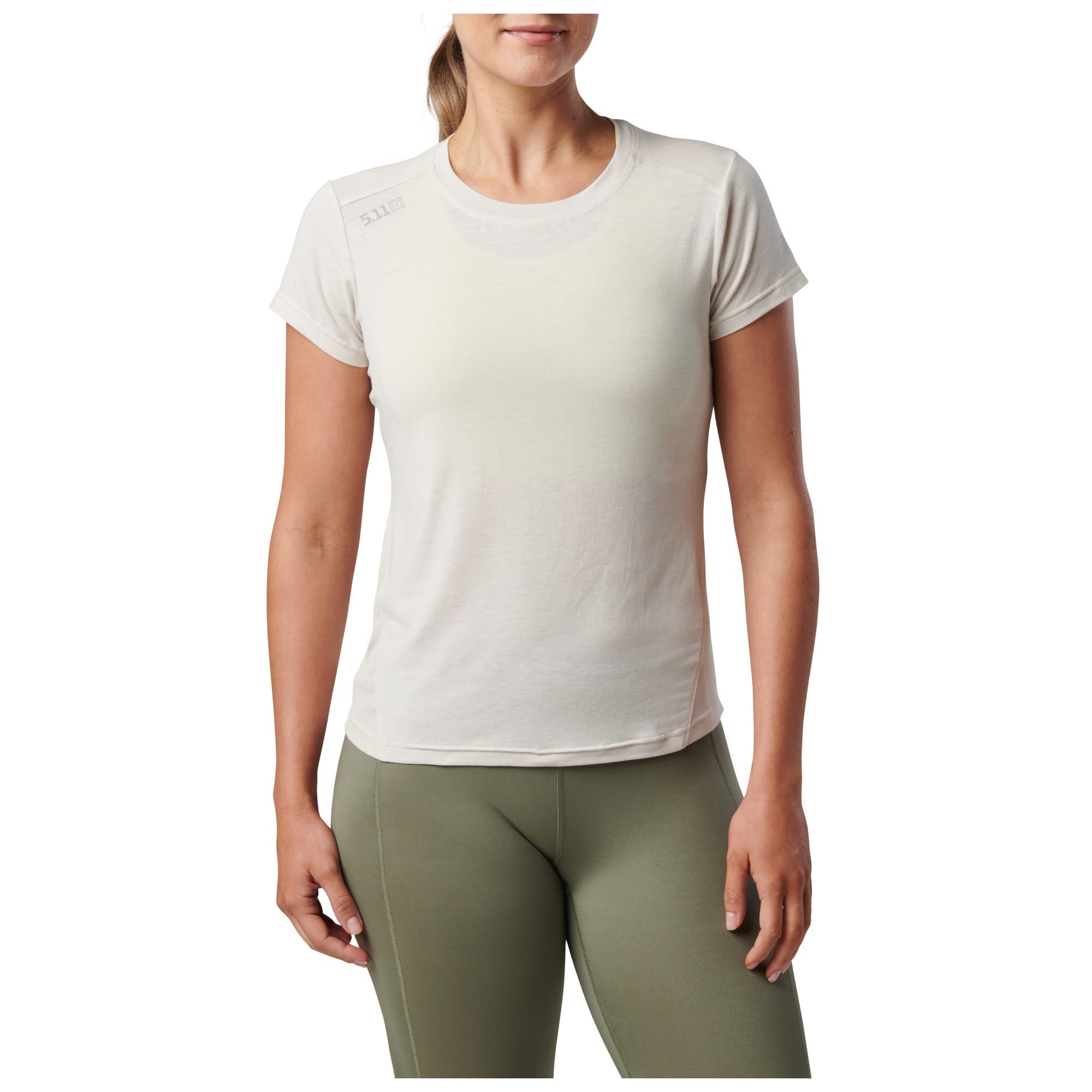5.11 PT-R Women's Interval Short Sleeve Tee i Sand Dune, kortärmad träningströja för dam med meshpanel och reflexdetaljer