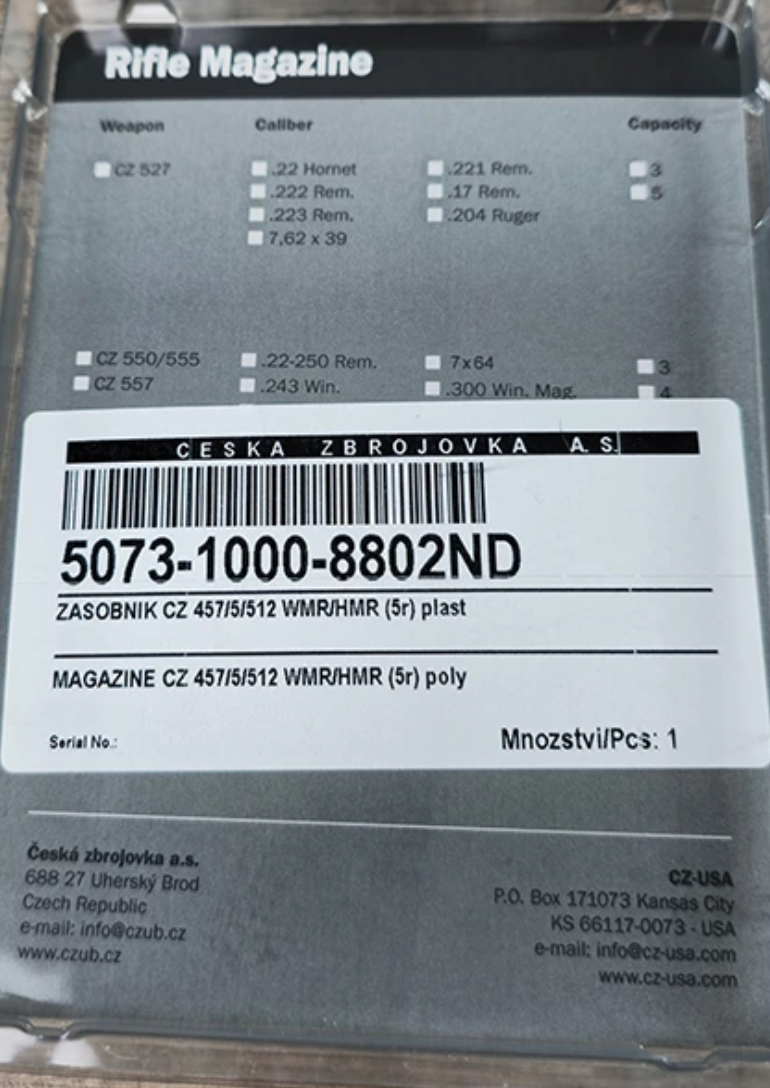 CZ - Magasin till CZ 457/5/512 - .22 WMR/HMR - (5R) - POLYMER