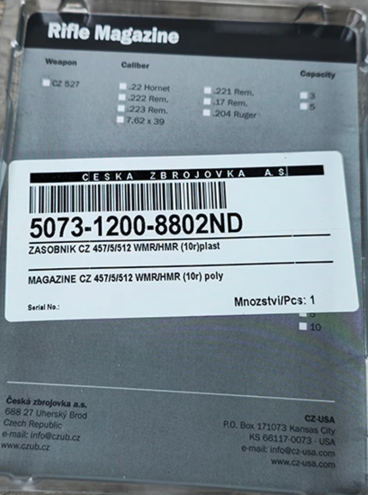 CZ - Magasin till CZ 457/5/512 - .22 WMR/HMR - (10R) - POLYMER