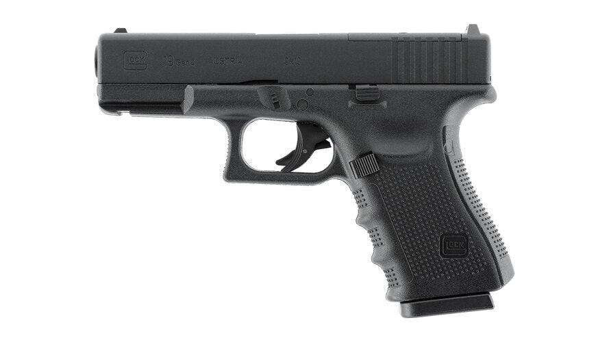 GLOCK 19 Gen4 MOS CO2 6mm airsoftpistol i svart färg med optikfäste och kompakt design