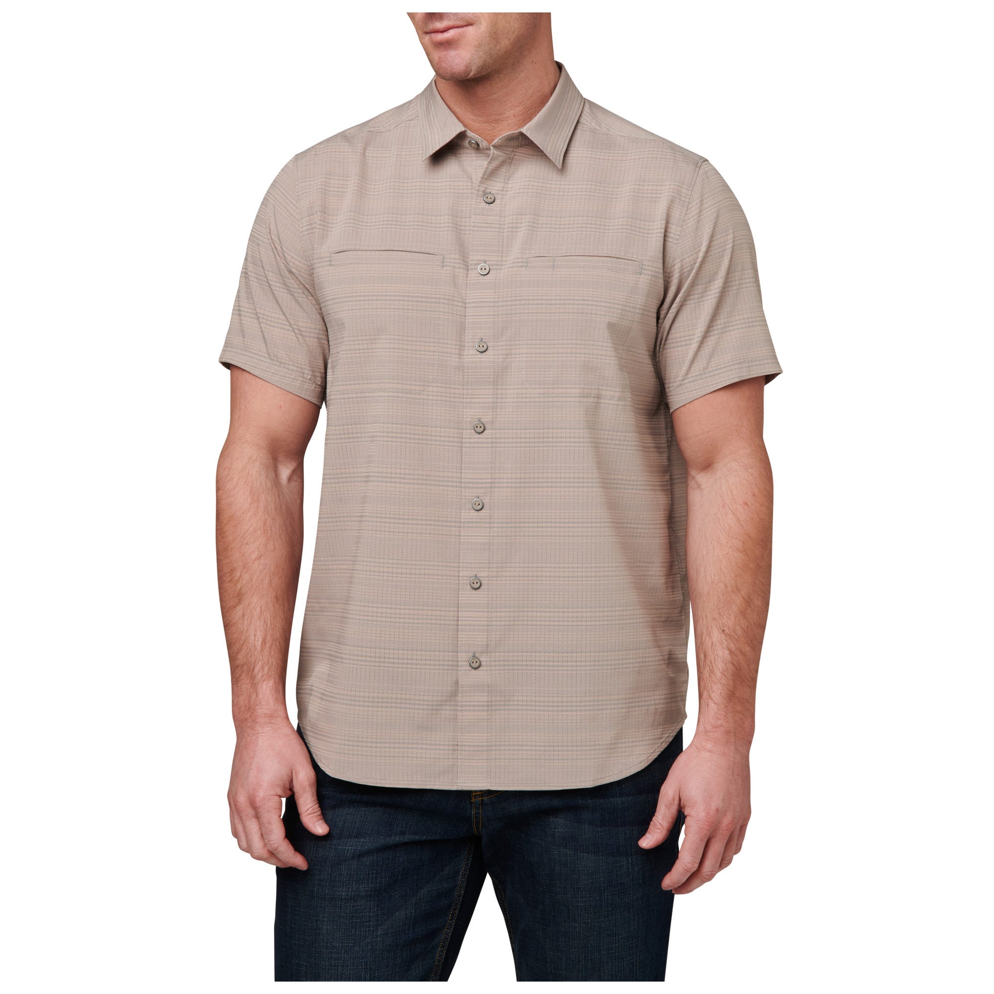 5.11 Tactical Ellis Short Sleeve Shirt Titan Grey, kortärmad skjorta framifrån på neutral bakgrund
