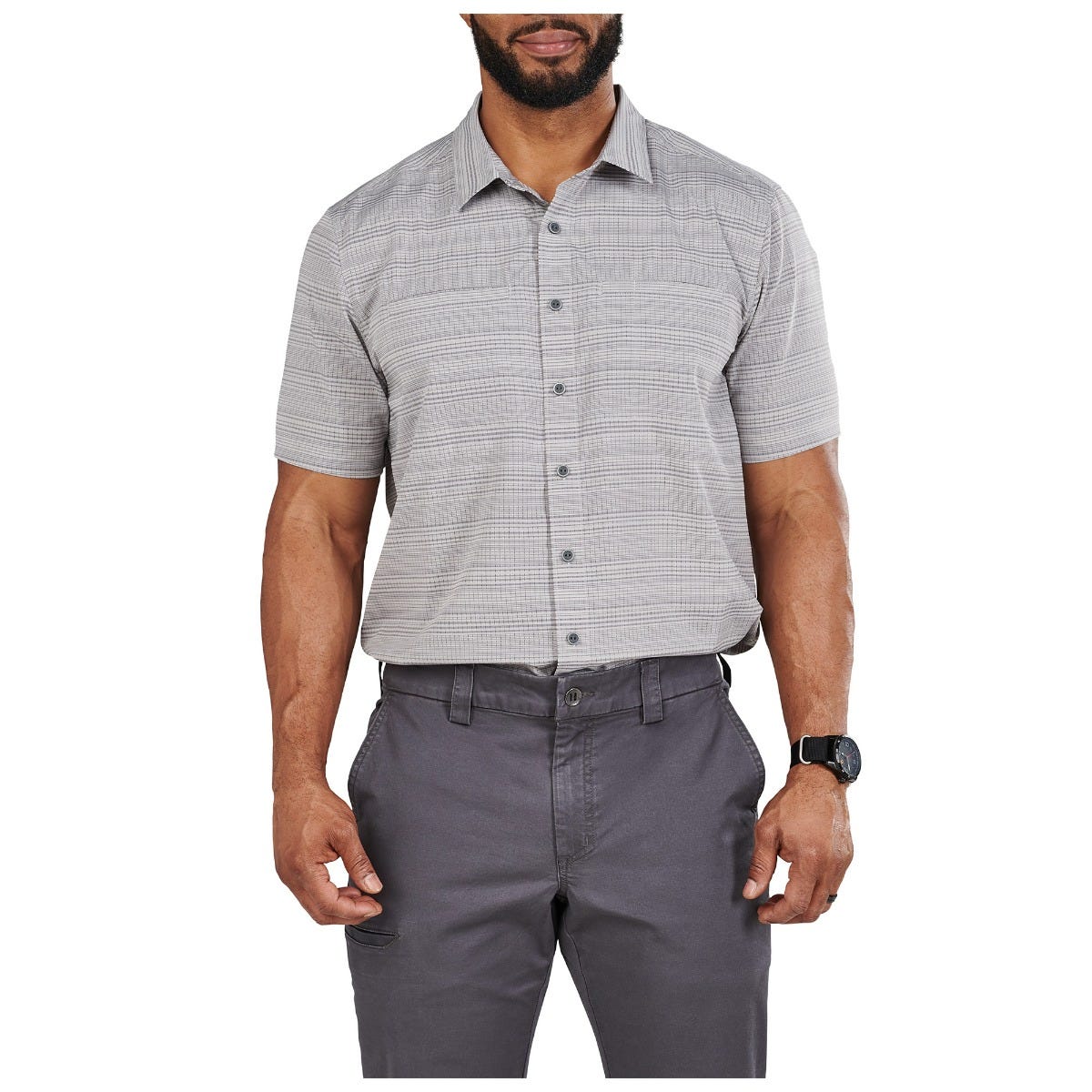5.11 Tactical Ellis Short Sleeve Shirt Steam, kortärmad skjorta framifrån på neutral bakgrund