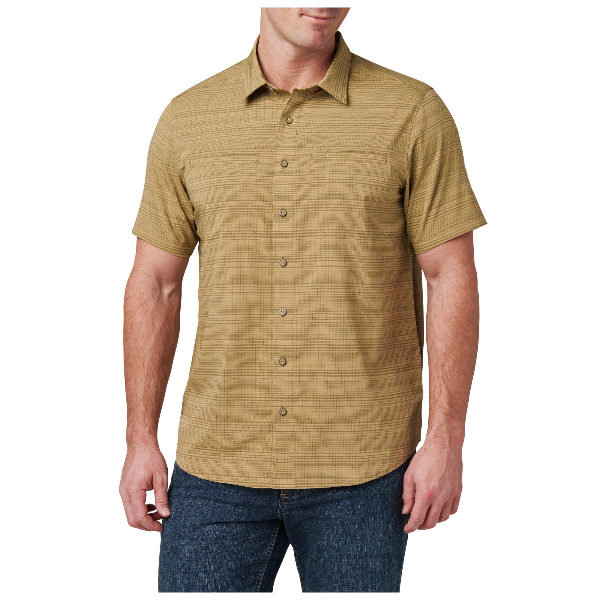 5.11 Tactical Ellis Short Sleeve Shirt Elmwood, kortärmad skjorta framifrån på neutral bakgrund