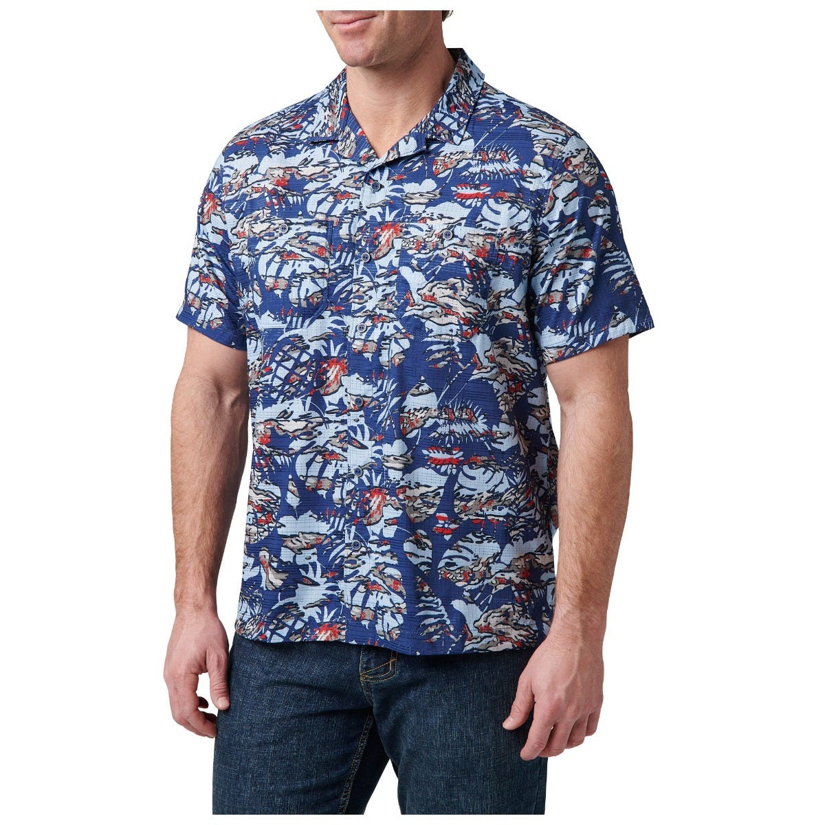 5.11 Adventure Print Short Sleeve Shirt i Mussel Blue Neu Vay Camo, kortärmad skjorta med tryckt design