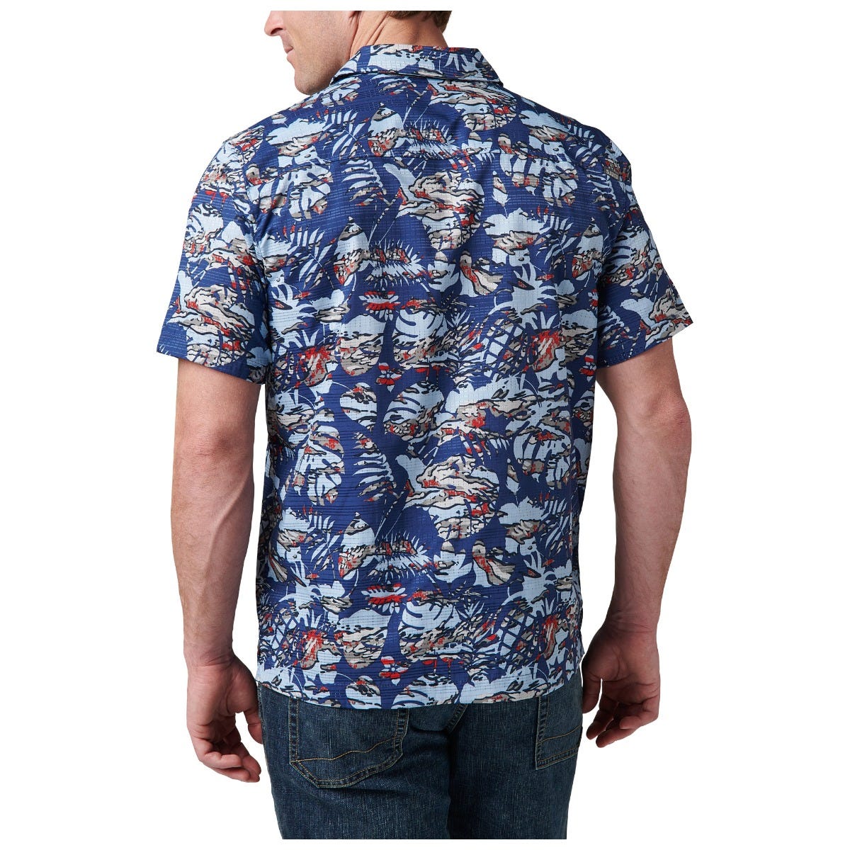 5.11 Adventure Print Short Sleeve Shirt i Mussel Blue Neu Vay Camo, kortärmad skjorta med tryckt design