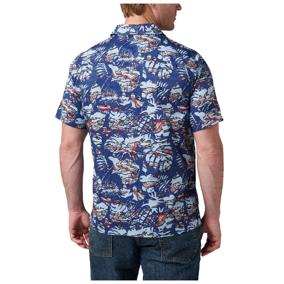 5.11 Adventure Print Short Sleeve Shirt i Mussel Blue Neu Vay Camo, kortärmad skjorta med tryckt design