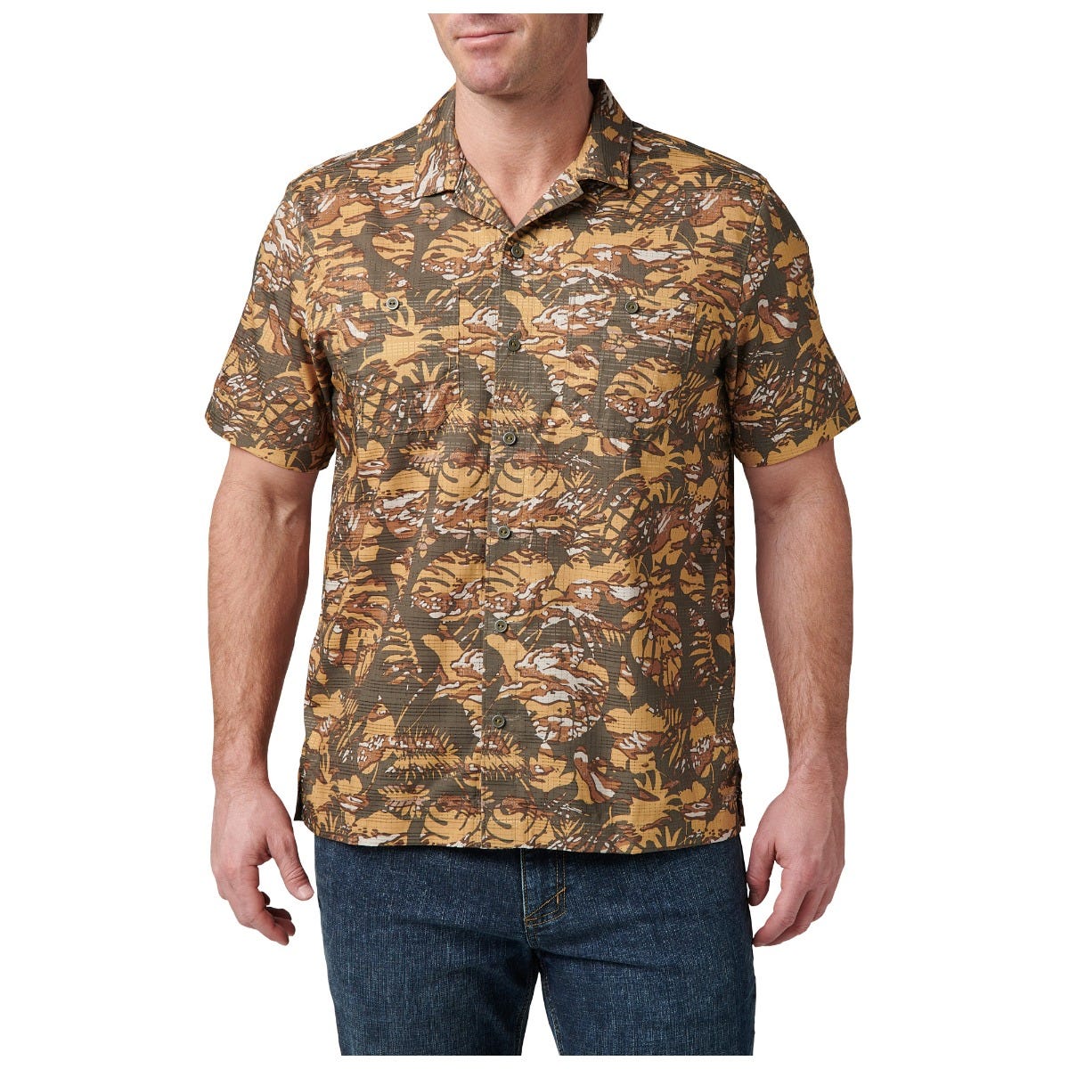 5.11 Adventure Print Short Sleeve Shirt i Rg Gn Nv Cmo, kortärmad skjorta med tryckt design