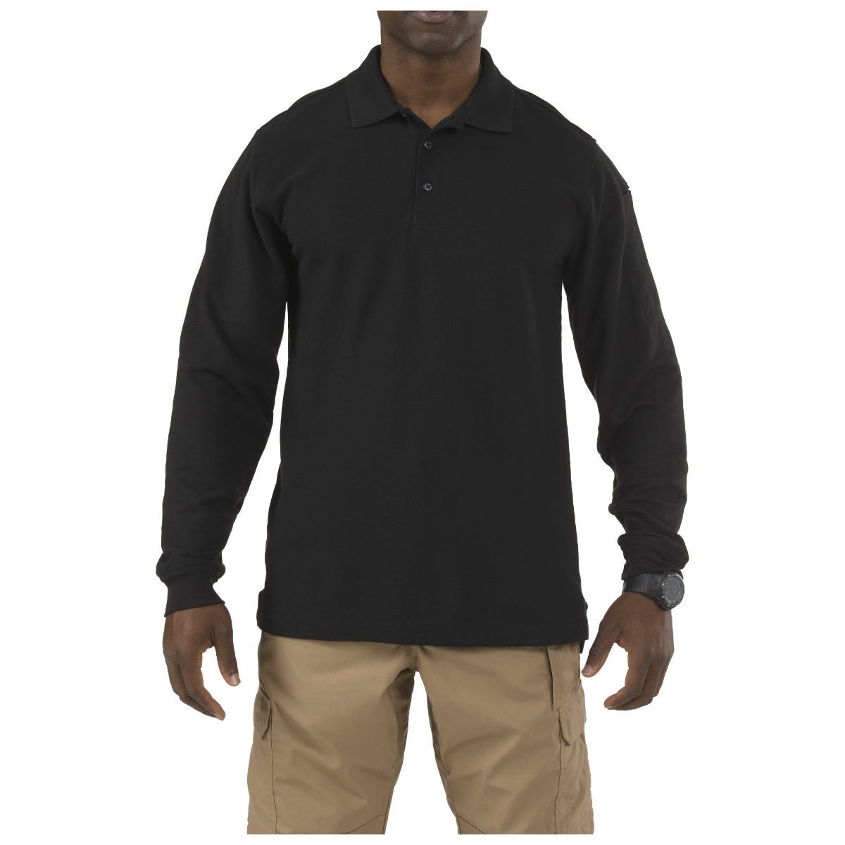 5.11 Utility Long Sleeve Polo i Black, långärmad pikétröja med pennfickor på ärmen