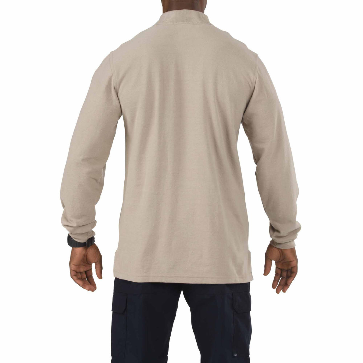 5.11 Utility Long Sleeve Polo i Silver Tan, långärmad pikétröja med pennfickor på ärmen