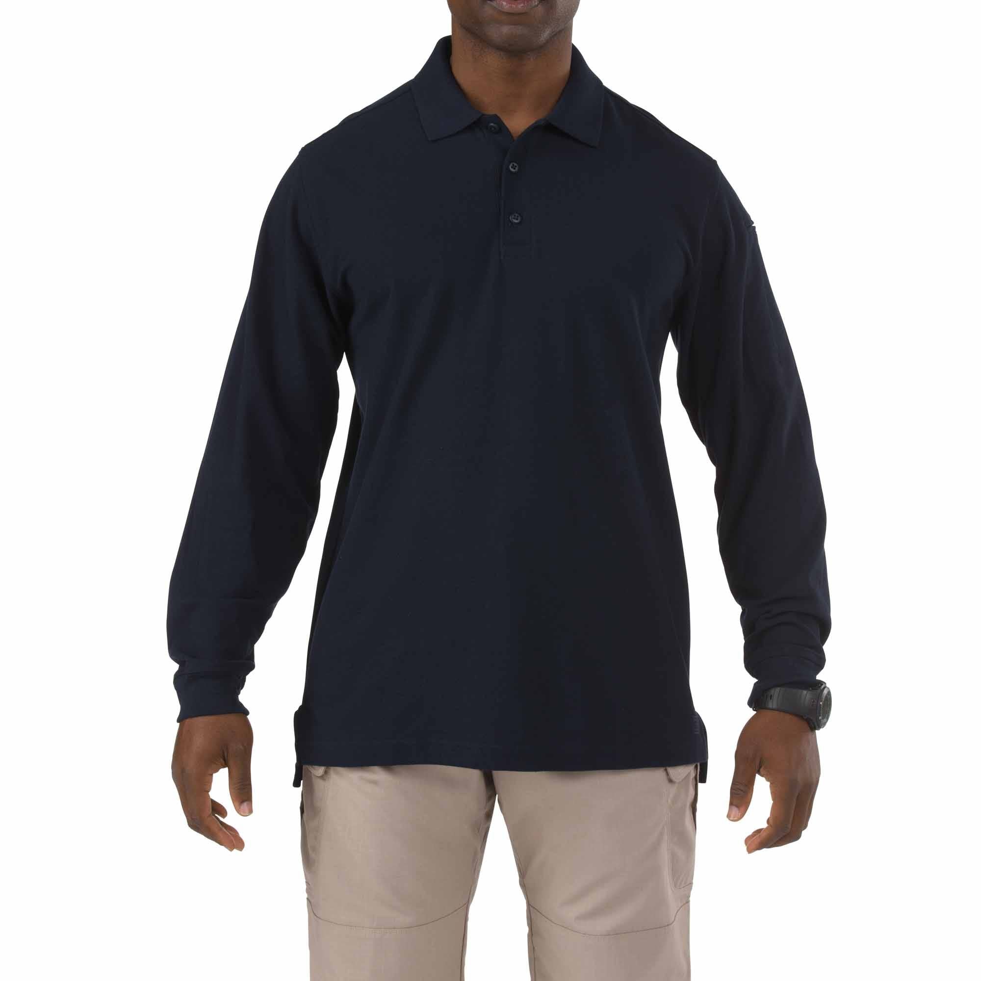 5.11 Utility Long Sleeve Polo i Dark Navy, långärmad pikétröja med pennfickor på ärmen