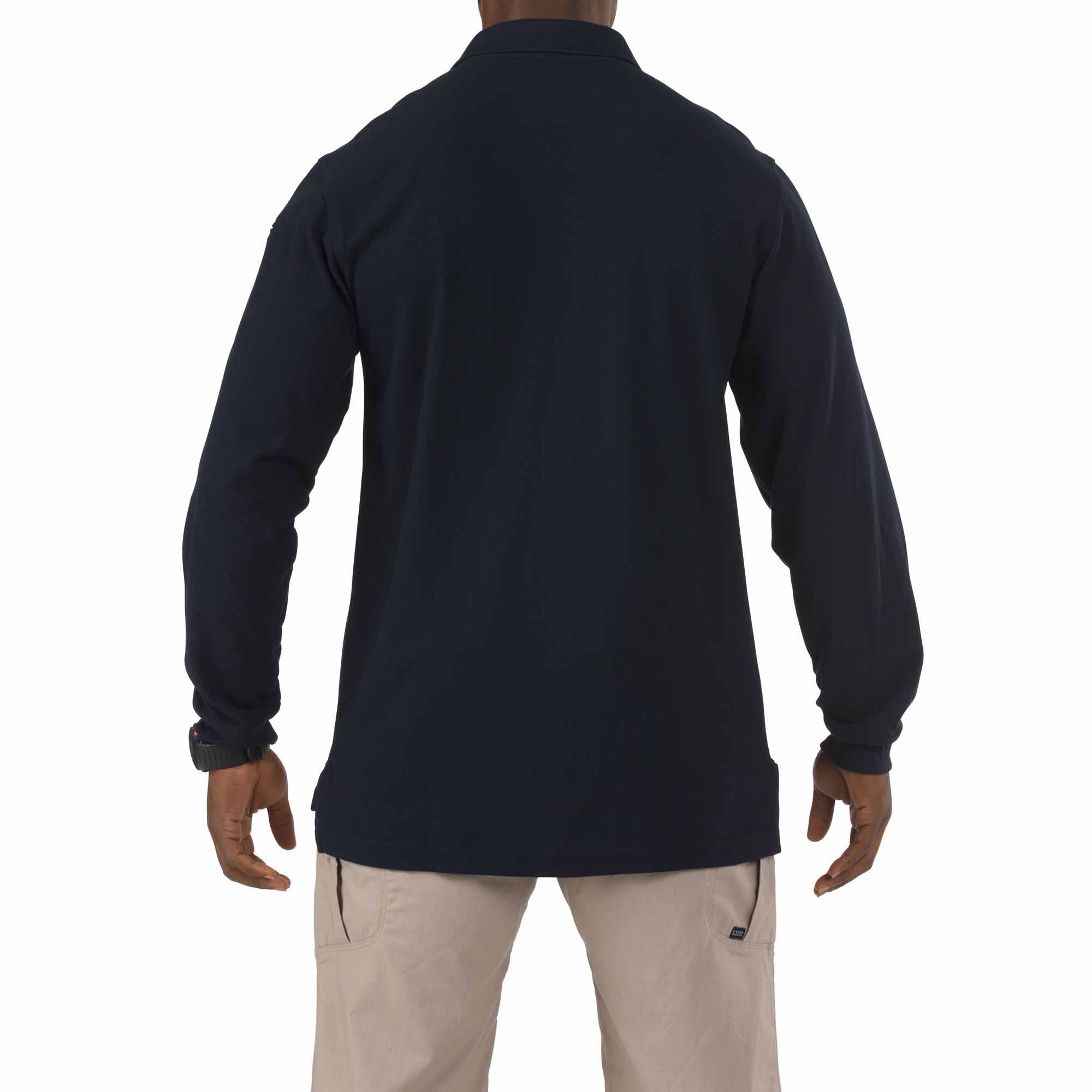 5.11 Utility Long Sleeve Polo i Dark Navy, långärmad pikétröja med pennfickor på ärmen