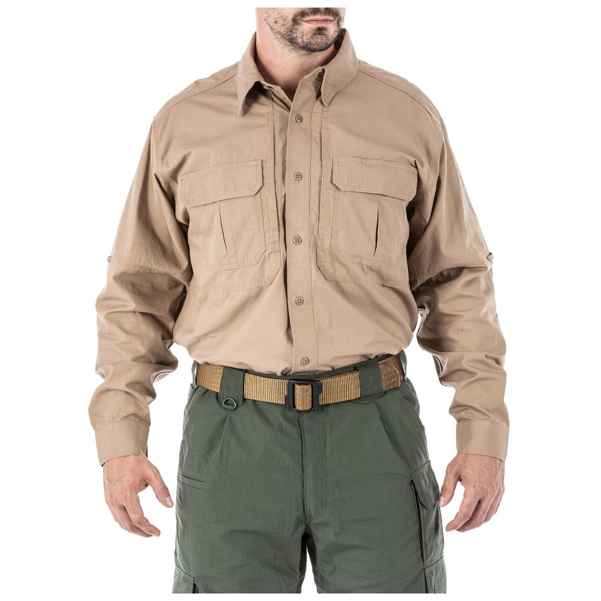 5.11 The Original Long Sleeve Shirt i Coyote, långärmad skjorta med fickor och justerbara manschetter