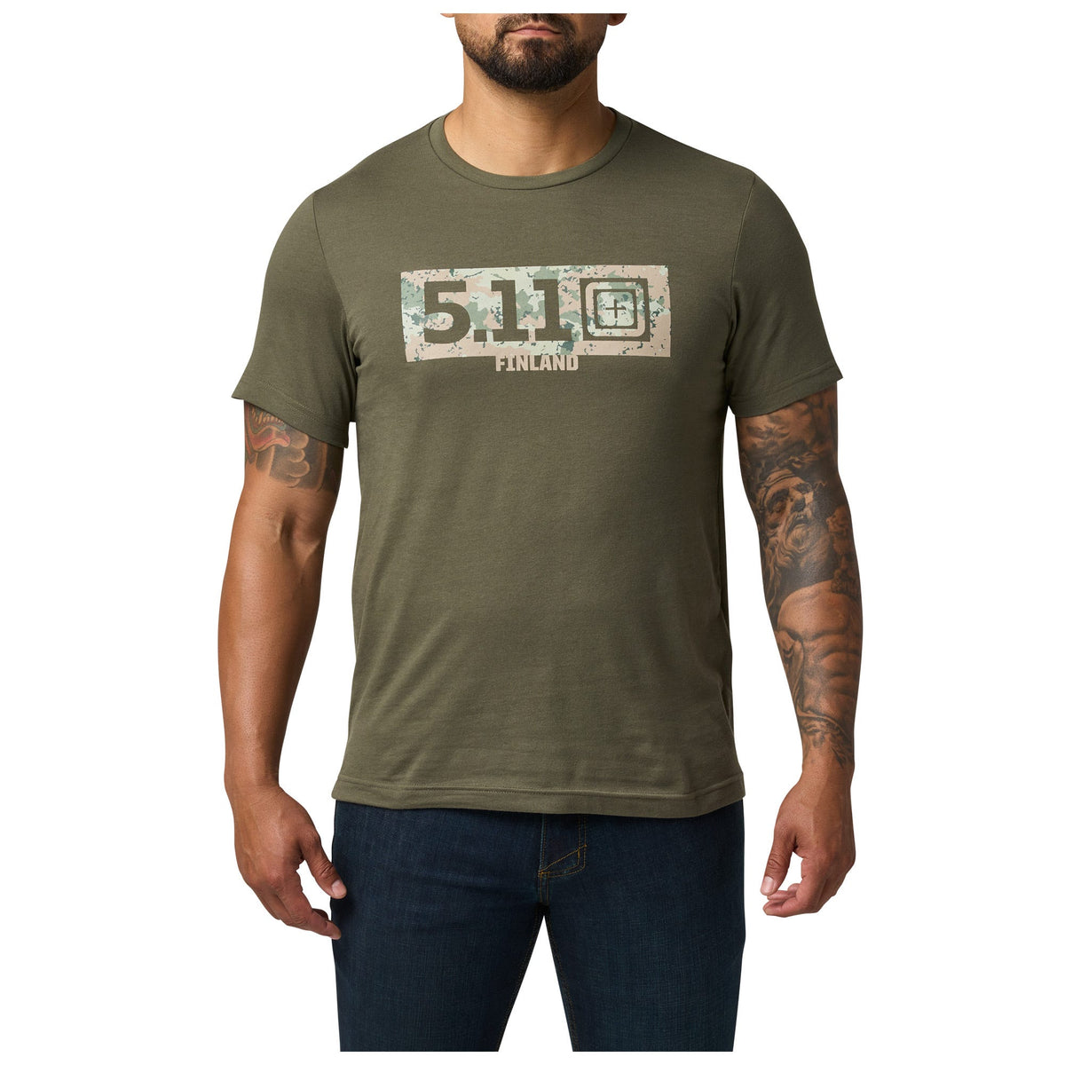 5.11 Camo Fill Finland Tee i Ranger Green med Finland-inspirerat motiv