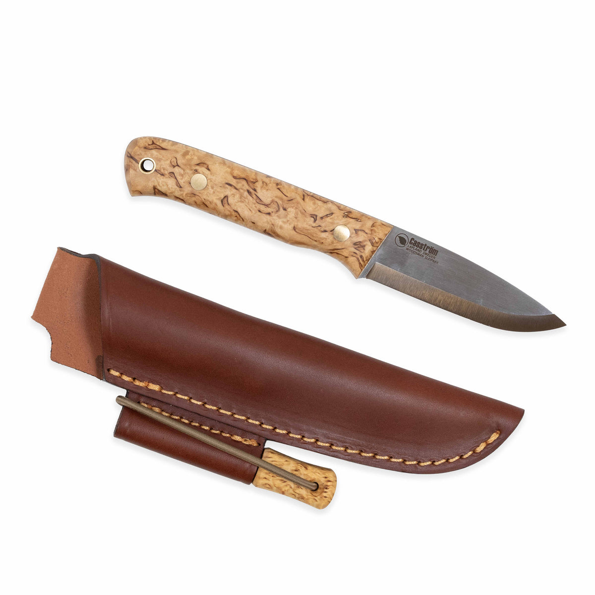 Casström Woodsman kniv Masurbjörk, slida i läder inkl. tändstål
