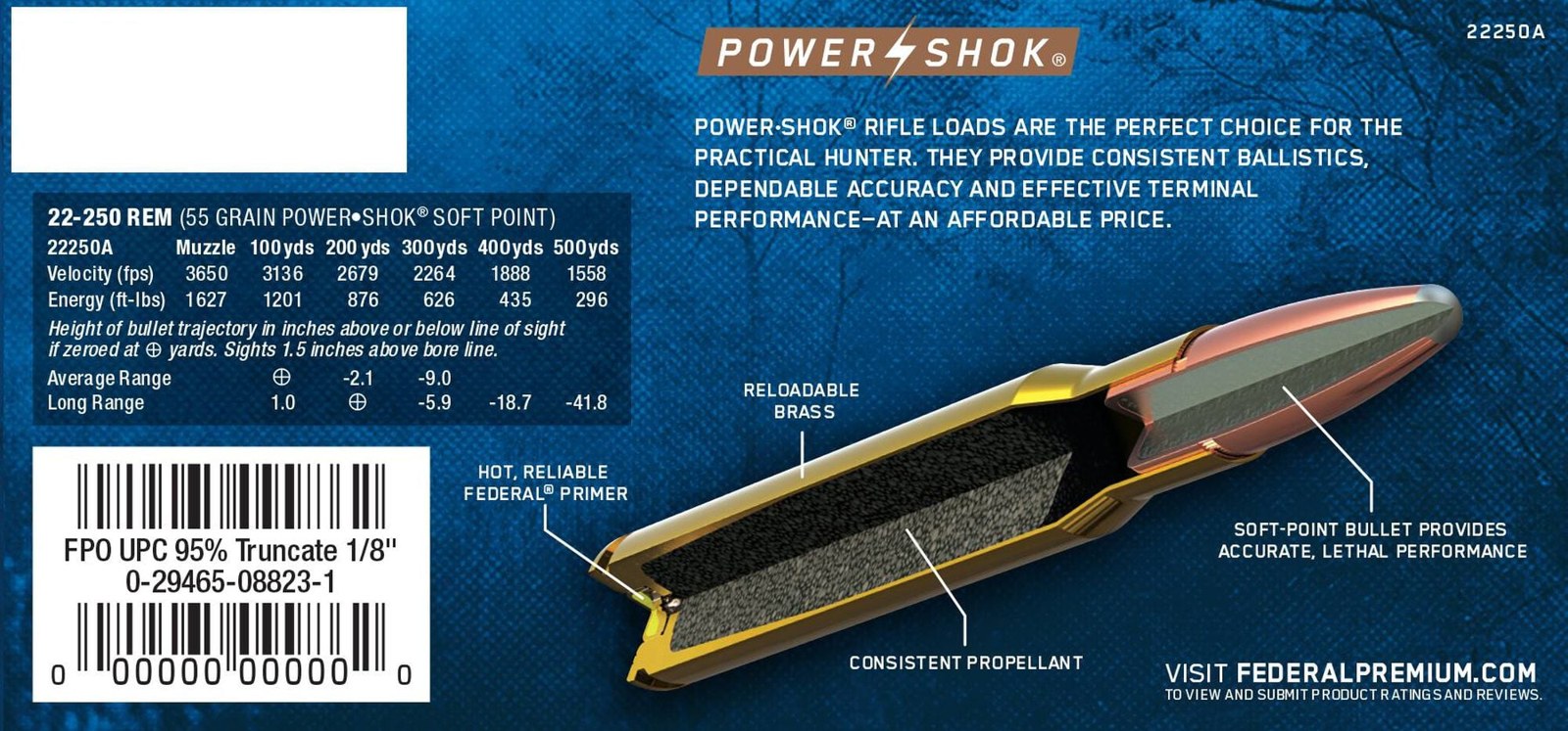 Federal - 22-250 Rem - Power-Shok - 55 gr - Jacketed SP - 20/Box