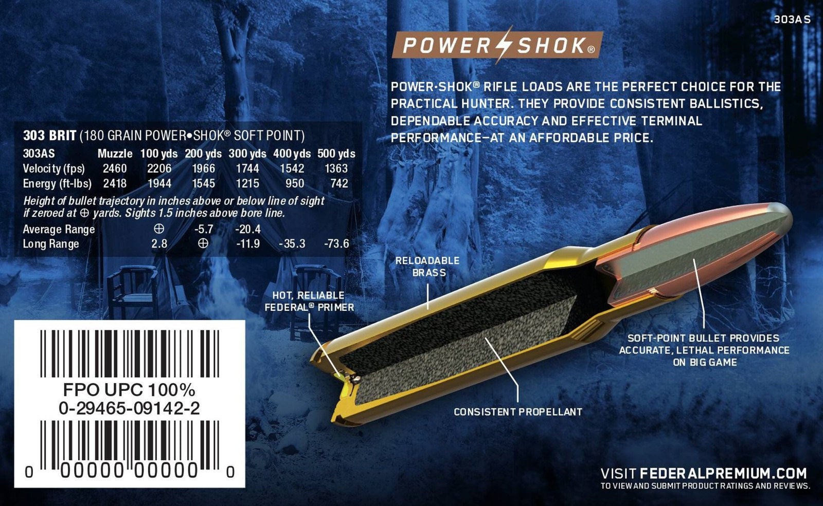 Federal - 303 British - Power-Shok - 180 gr - Jacketed SP - 20/Box