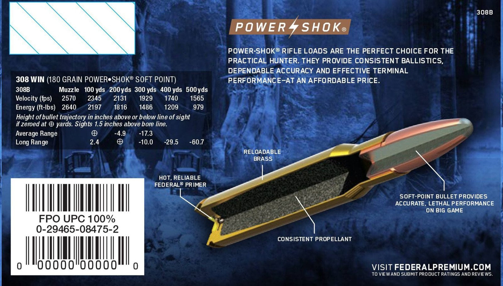 Federal - 308 Win - Power-Shok - 180 gr - Jacketed SP - 20/Box