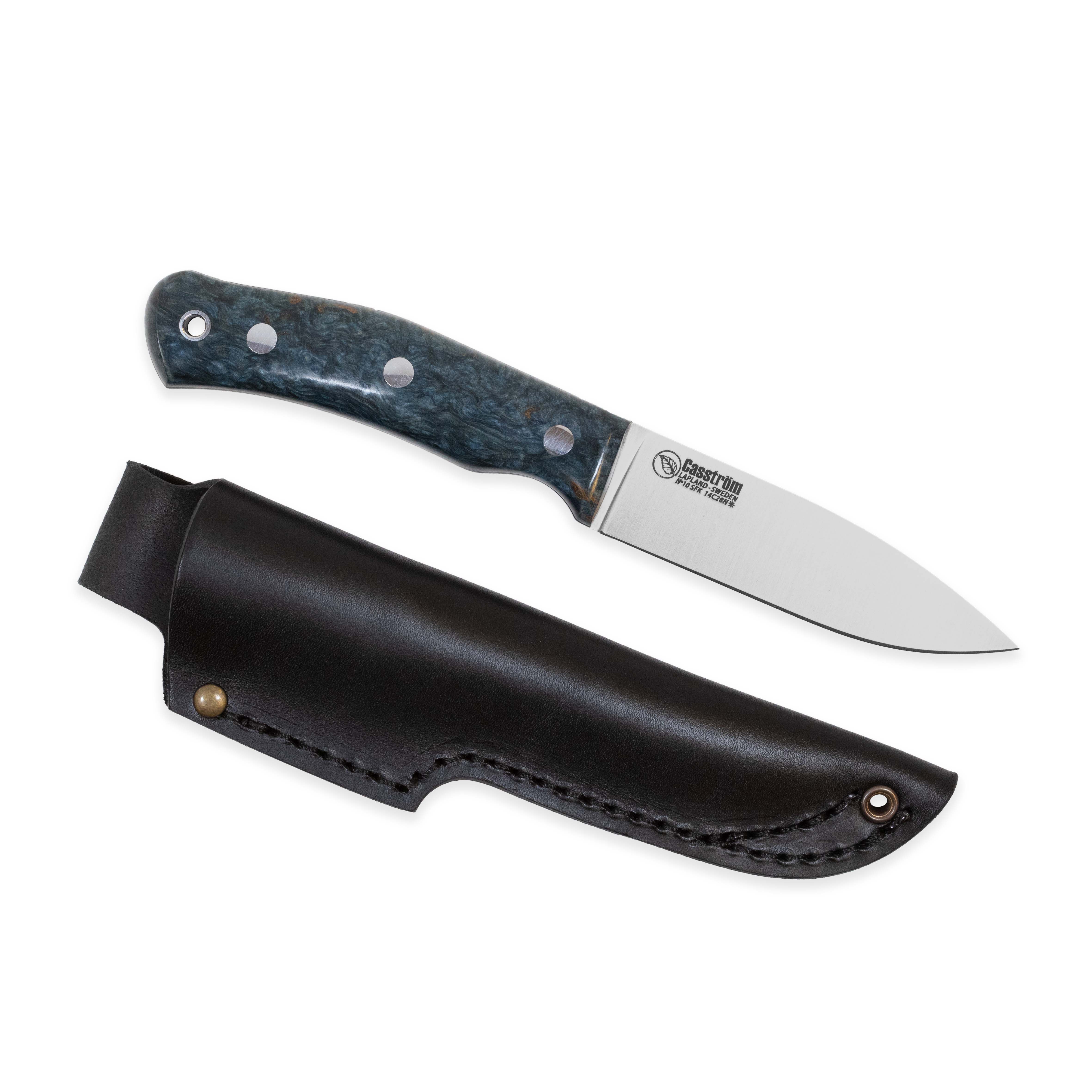 Casström No.10 SFK kniv Stabiliserad blå masurbjörk & rostfritt stål, slida i läder