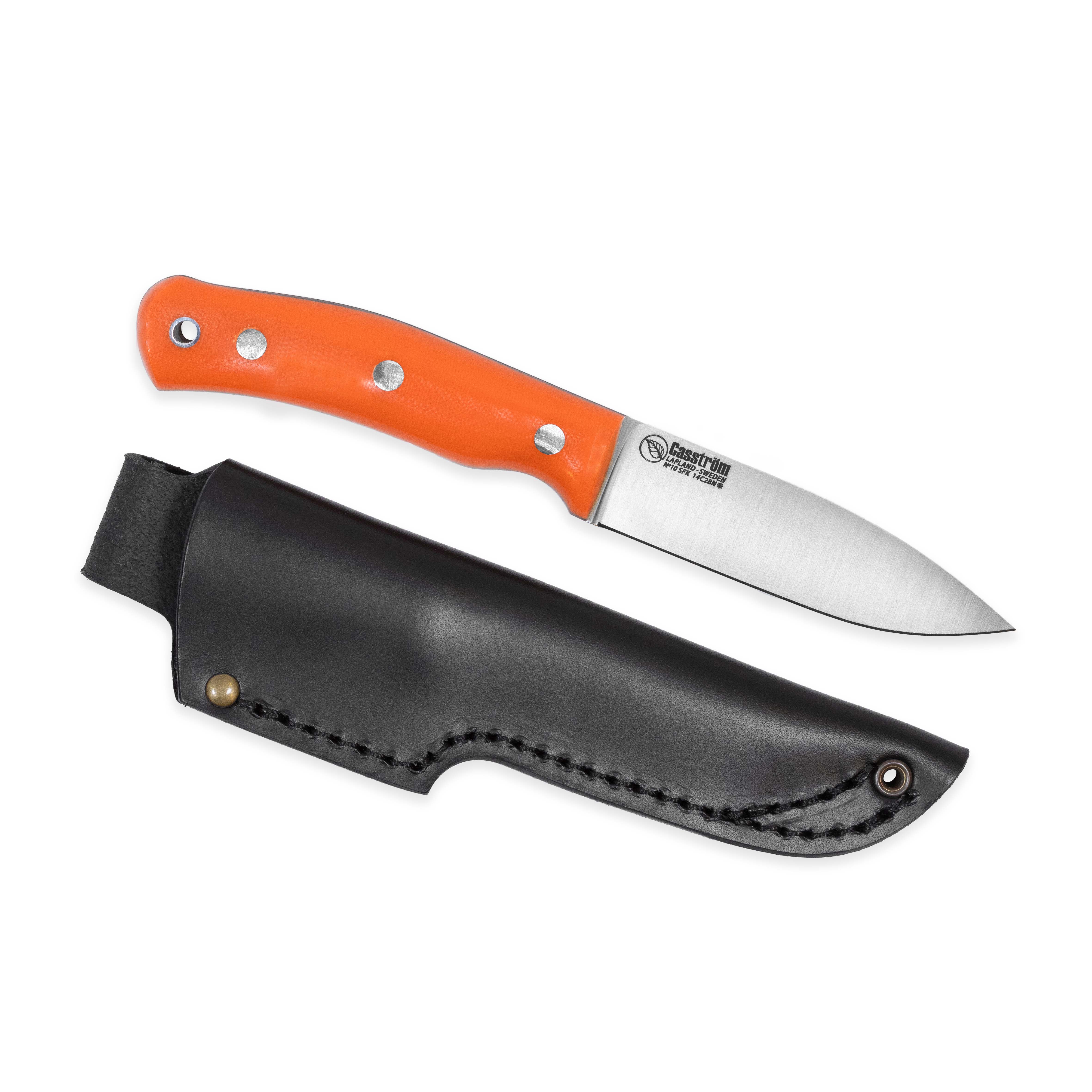 Casström No.10 SFK kniv Orange G10 & rostfritt stål, flatslipad, slida i läder
