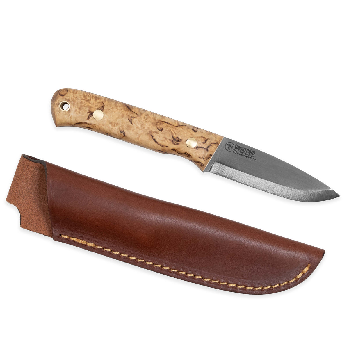 Casström Woodsman kniv Masurbjörk, slida i läder
