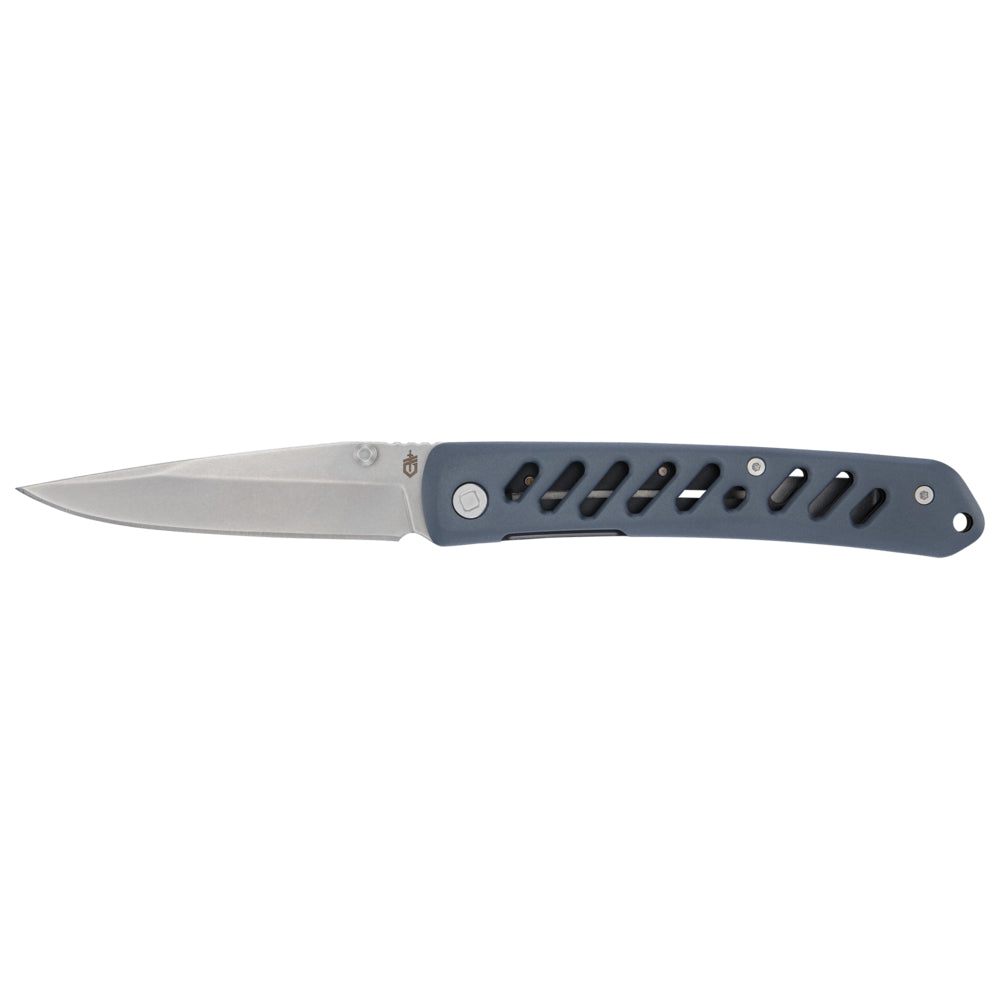 Gerber Affirm fällkniv med blått aluminiumhandtag och clip point-blad