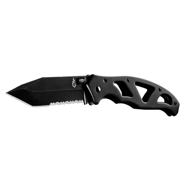 Svart Gerber Paraframe II Tanto fällkniv med delvis tandat blad